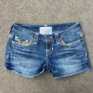 Y2K Liv Colorful Boho Embroidered Cut Off Micro Mini Blue Jean Shorts Size 25